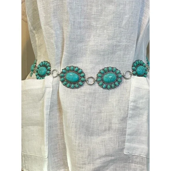 Western Turquoise Boho Concho Chain Belt Hippie Festival Cowgirl Rodeo Fall - Picture 2 of 5